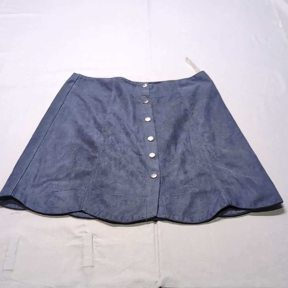 Navy Blue Faux‎ Suede Scalloped Hem Snap Front A-Line Mini Skirt Size L